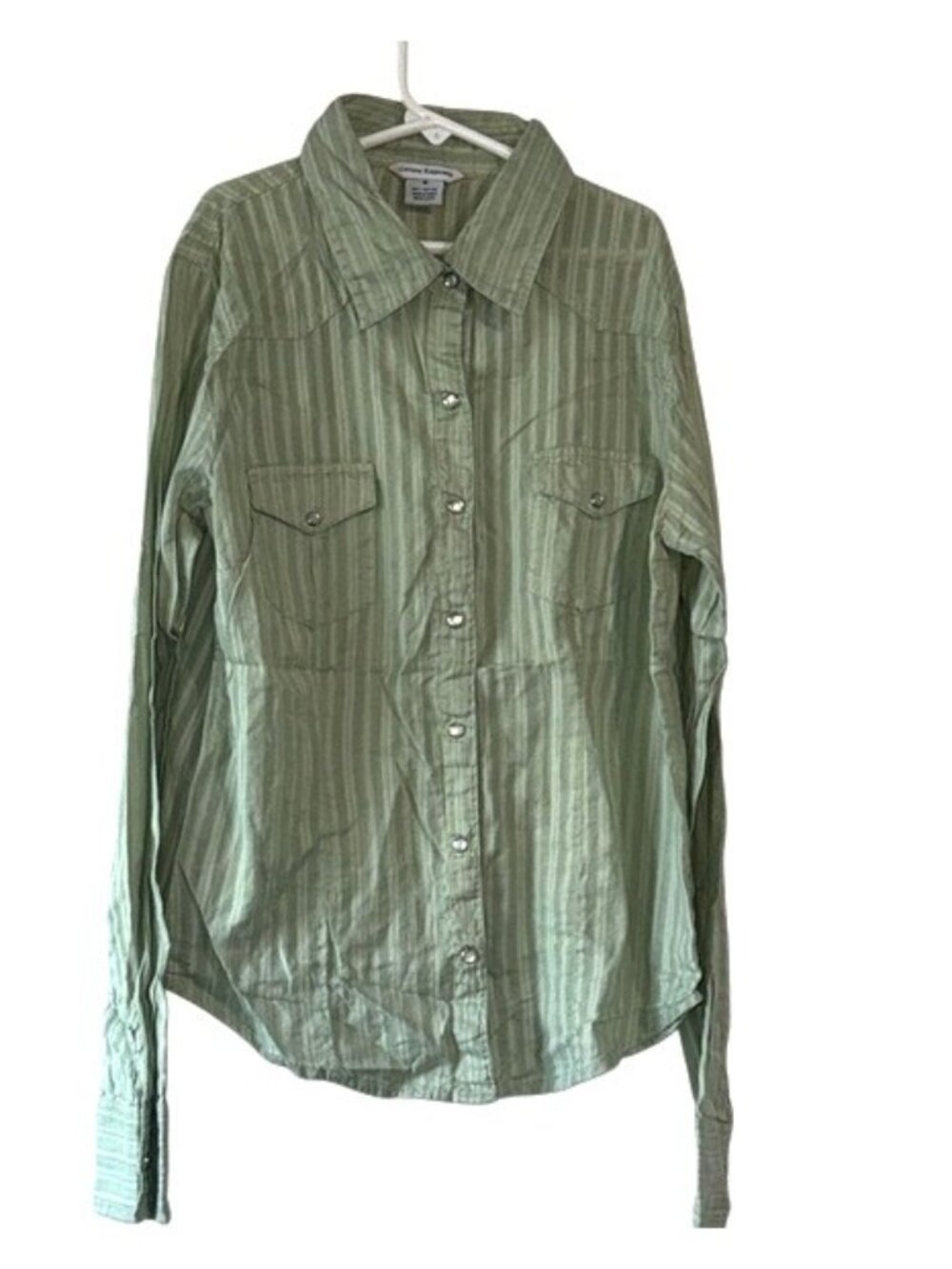 Cotton Express Green Striped Button-Up Shirt For Women M